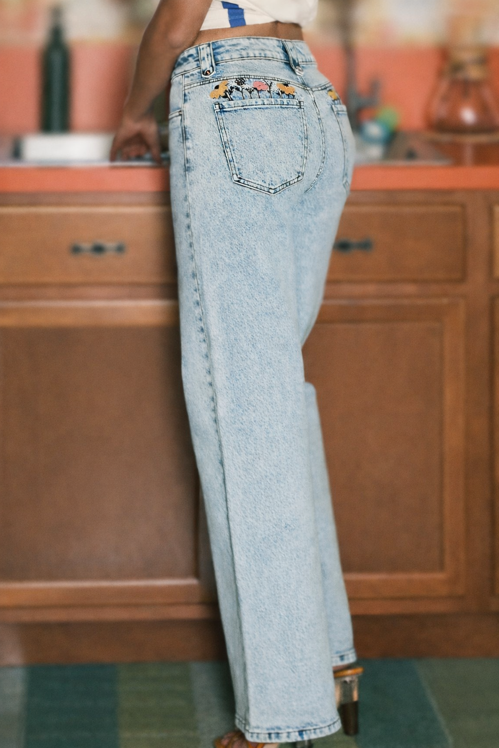 Flower Embroidery Wide Leg Jeans