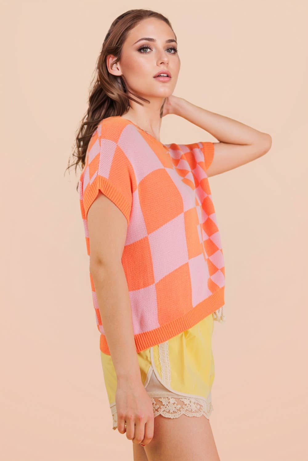 12W3365N-Dolman Sleeve Checkered Knit Casual Sweater Top