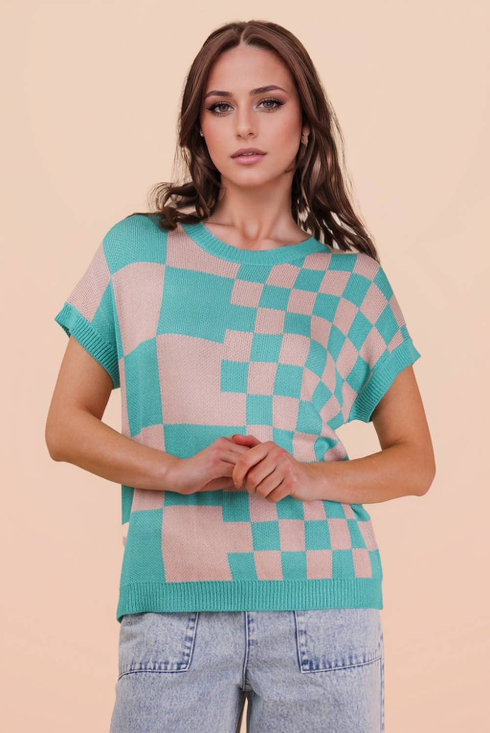 12W3365N-Dolman Sleeve Checkered Knit Casual Sweater Top