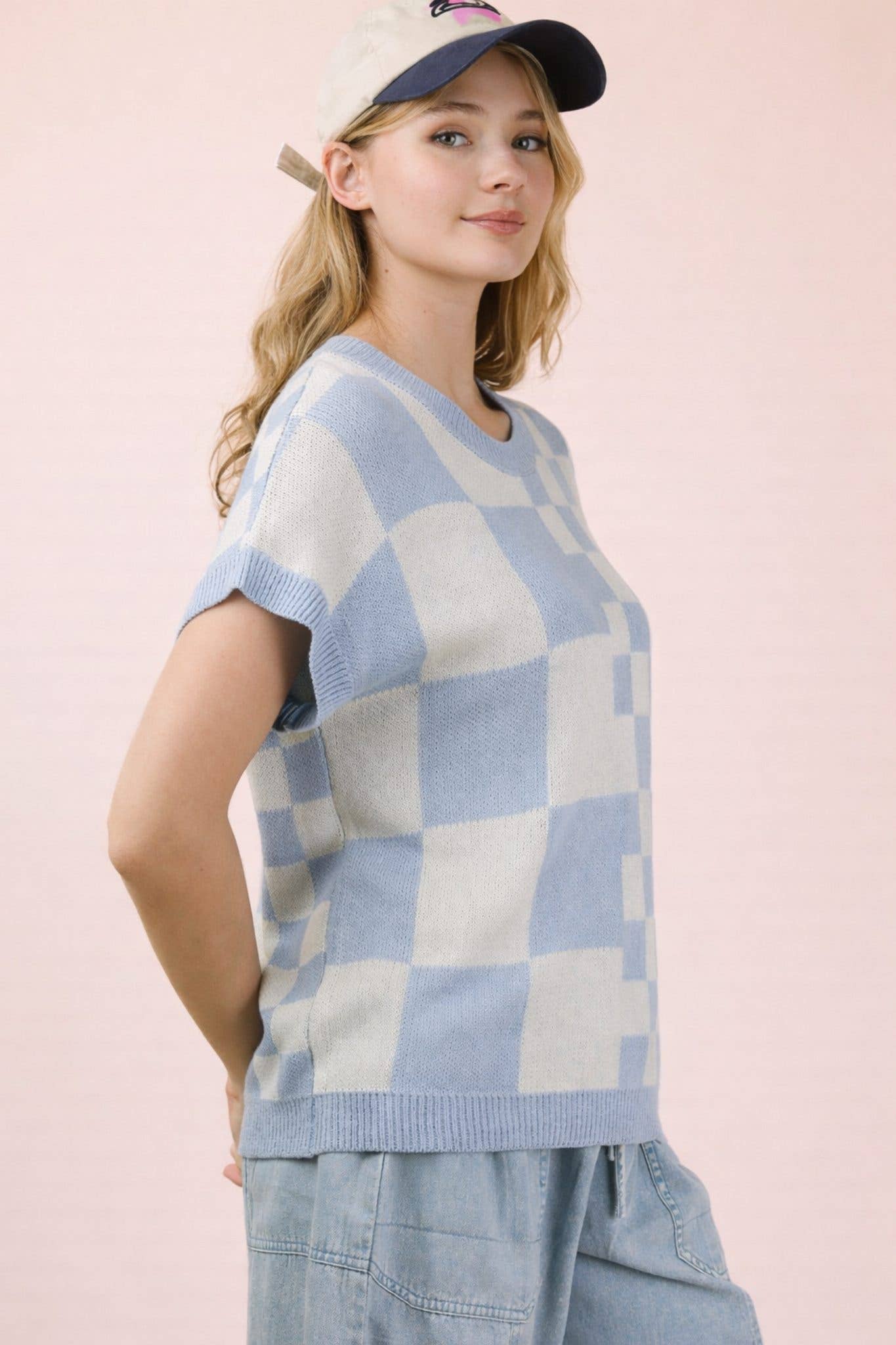 12W3365N-Dolman Sleeve Checkered Knit Casual Sweater Top