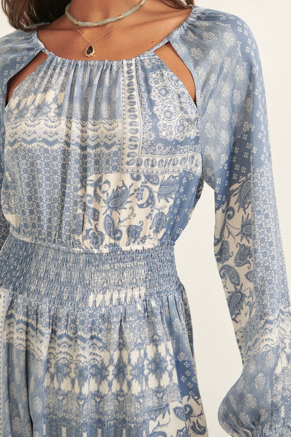 Paisley Patchwork Round Neck Drawstring Maxi Dress