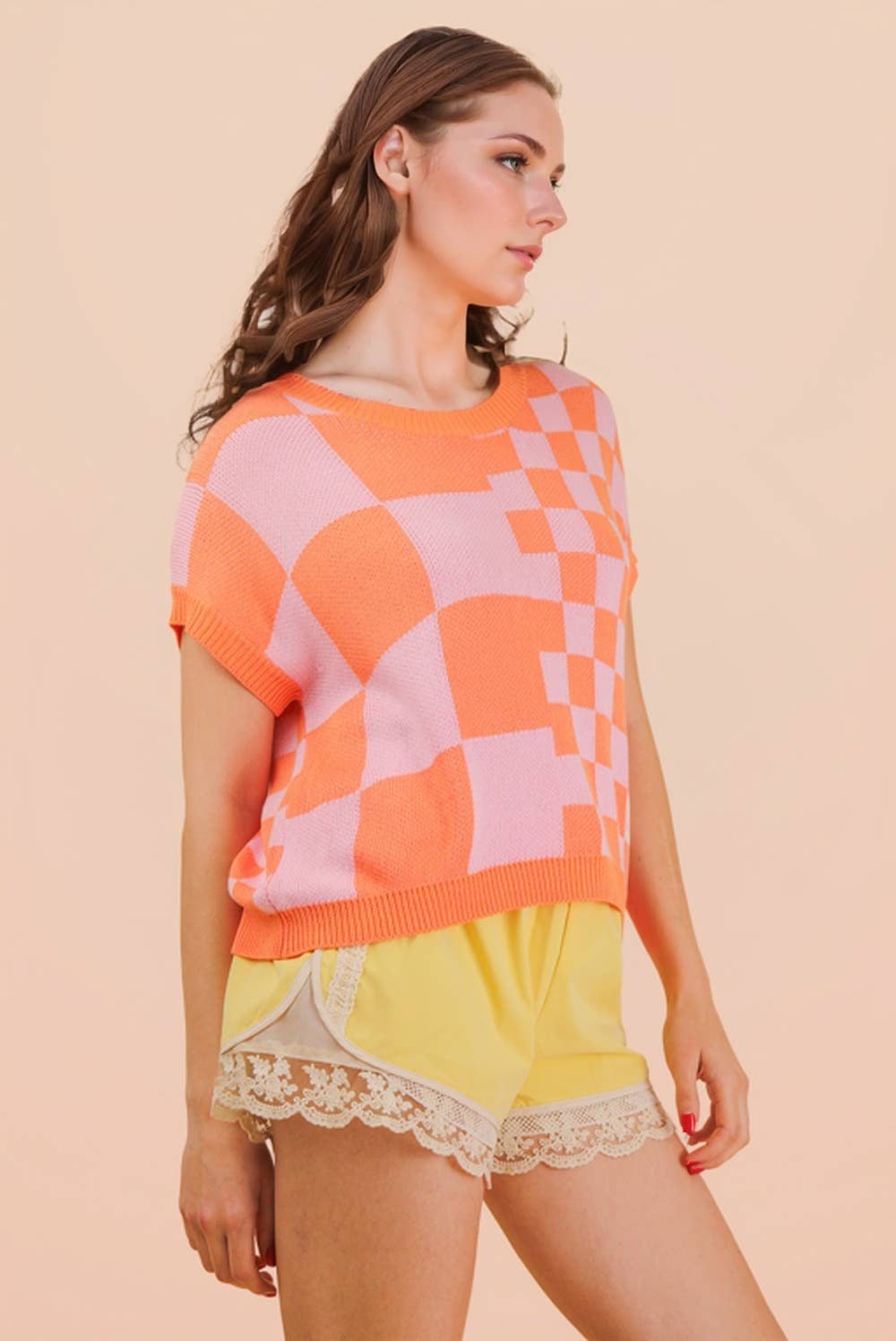 12W3365N-Dolman Sleeve Checkered Knit Casual Sweater Top