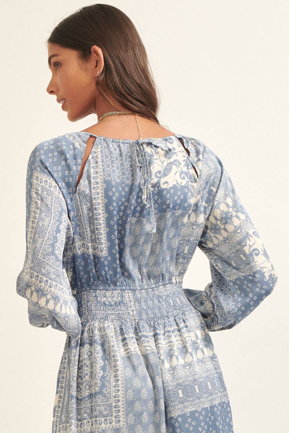Paisley Patchwork Round Neck Drawstring Maxi Dress