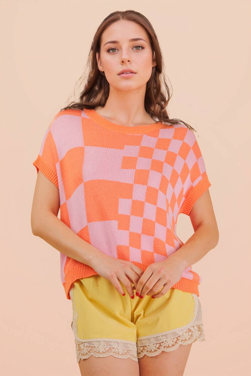 12W3365N-Dolman Sleeve Checkered Knit Casual Sweater Top