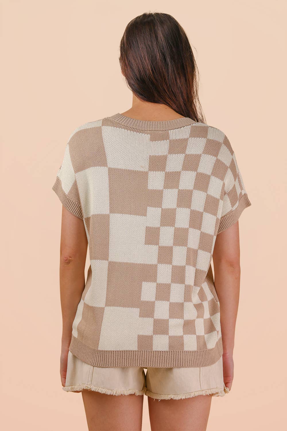 12W3365N-Dolman Sleeve Checkered Knit Casual Sweater Top