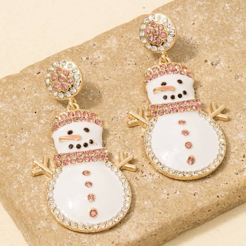 Christmas Holiday Enamel Pave Snowman Dangle Earrings