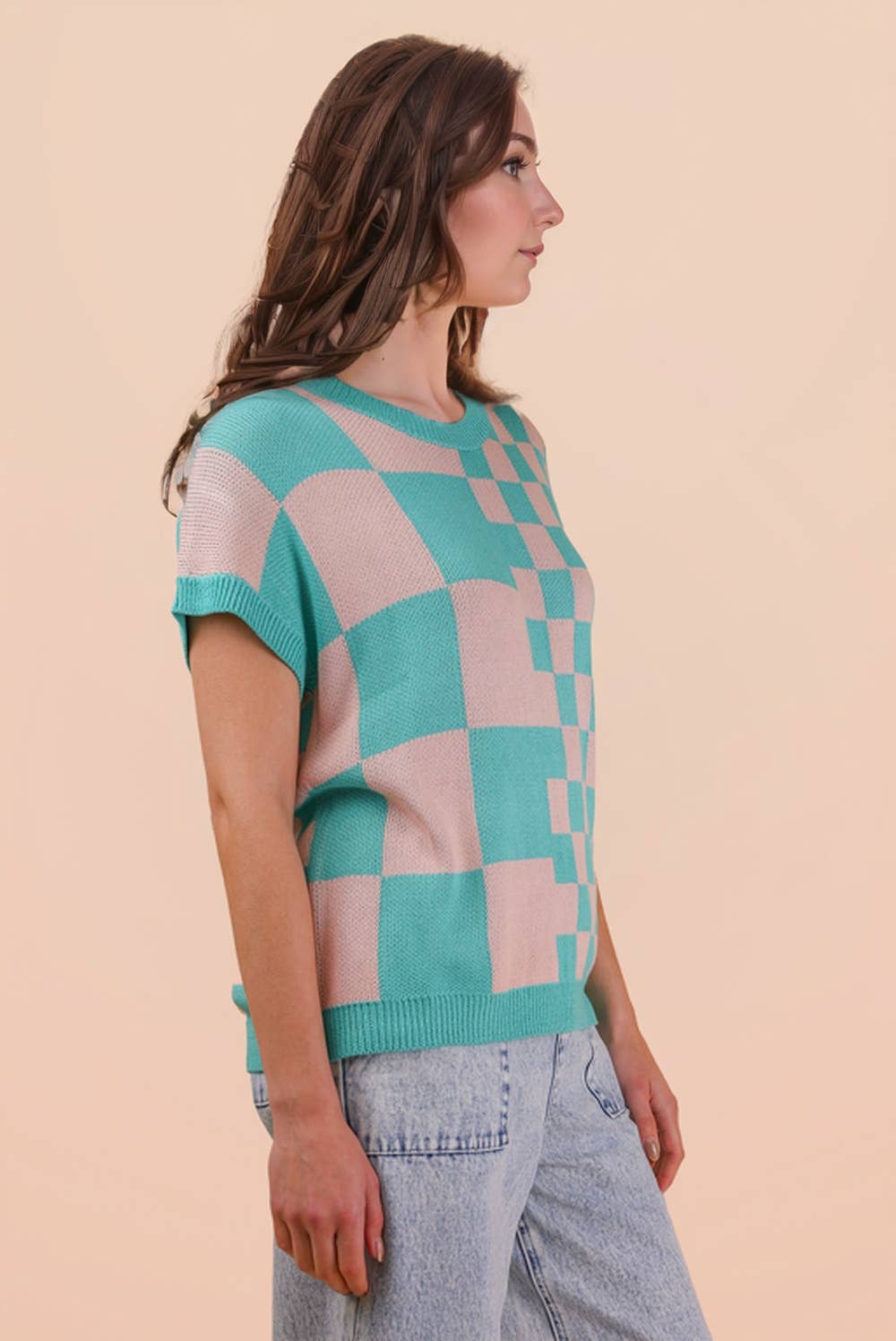 12W3365N-Dolman Sleeve Checkered Knit Casual Sweater Top