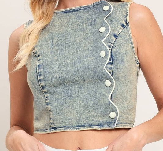 Acid Scalloped Edge Denim Top