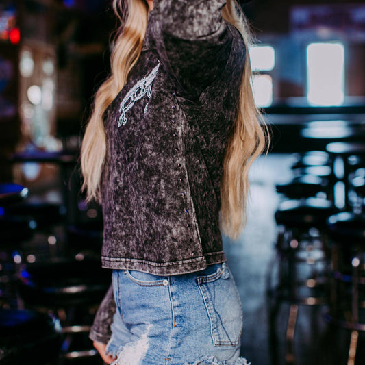 Acid washed Embroidery Studded Crop Sweatshirt