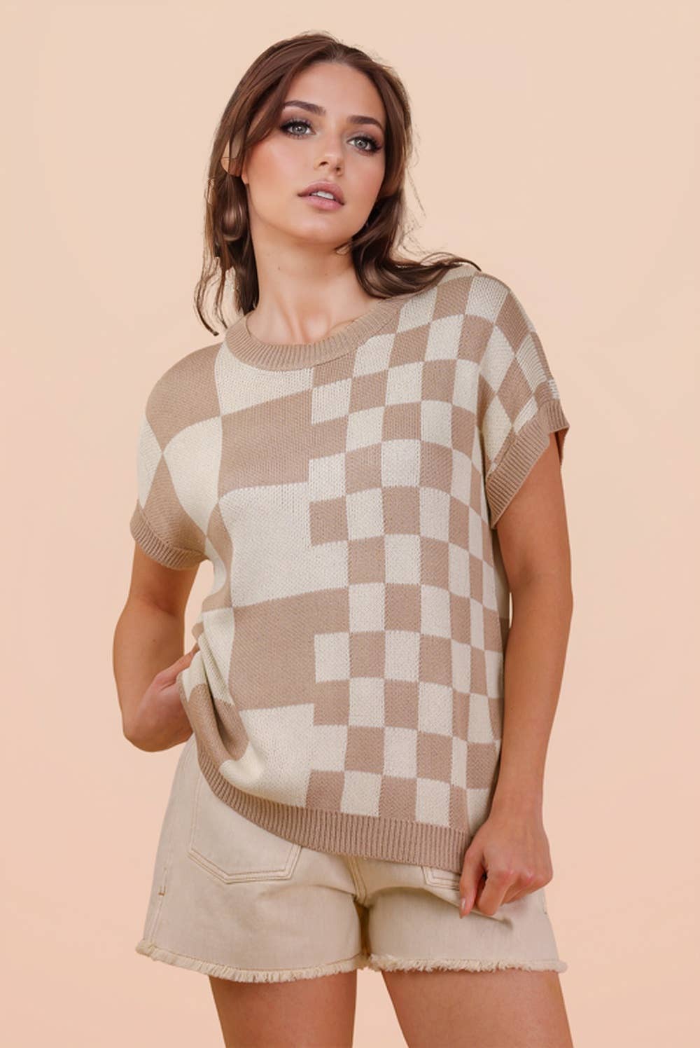 12W3365N-Dolman Sleeve Checkered Knit Casual Sweater Top