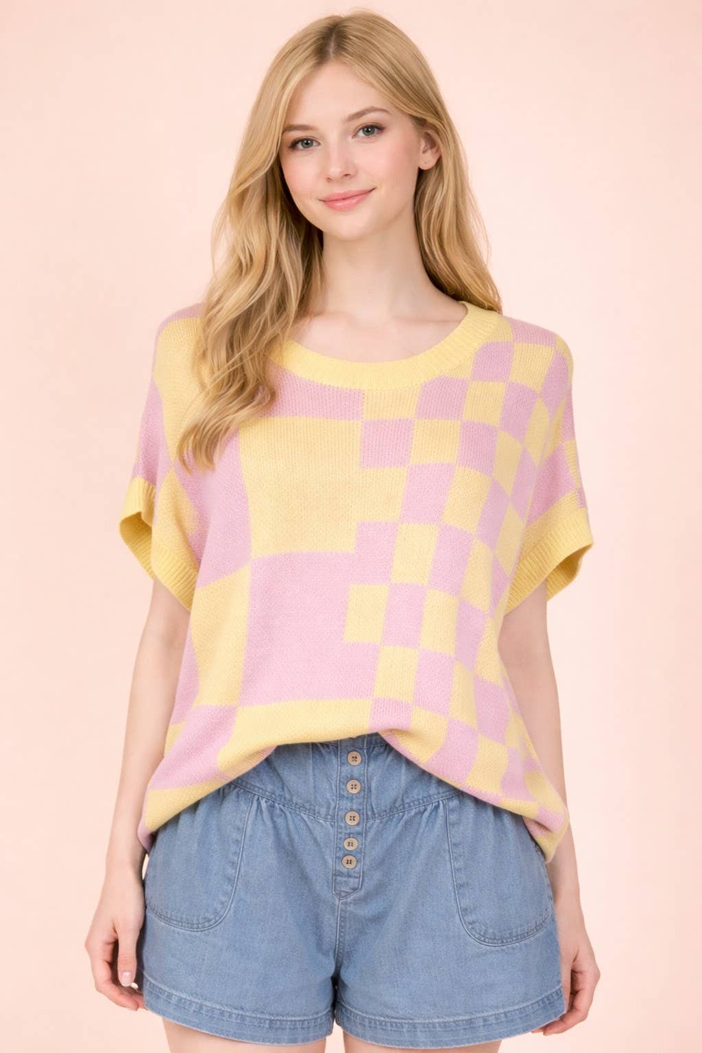 12W3365N-Dolman Sleeve Checkered Knit Casual Sweater Top