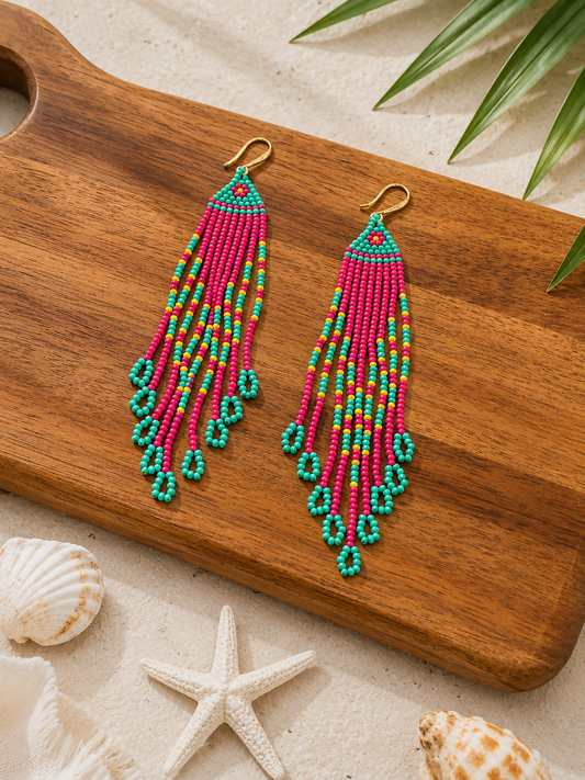 Island Bloom Beaded Fringe Earrings